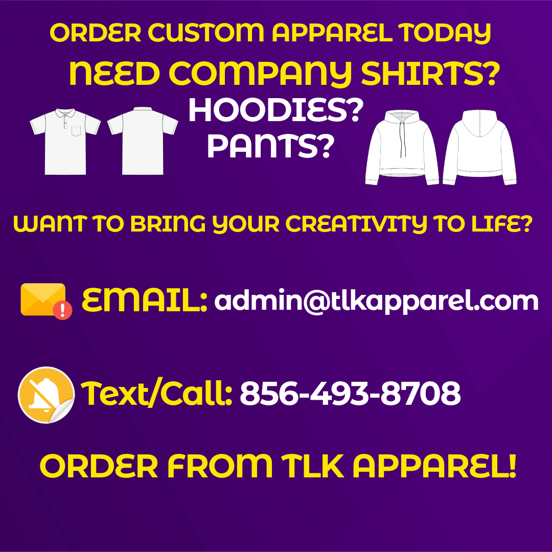 Text advertisement for custom apparel with illustrations of polo shirt, hoodie, and pants, promoting orders for company shirts, hoodies, and pants via email and text/call.