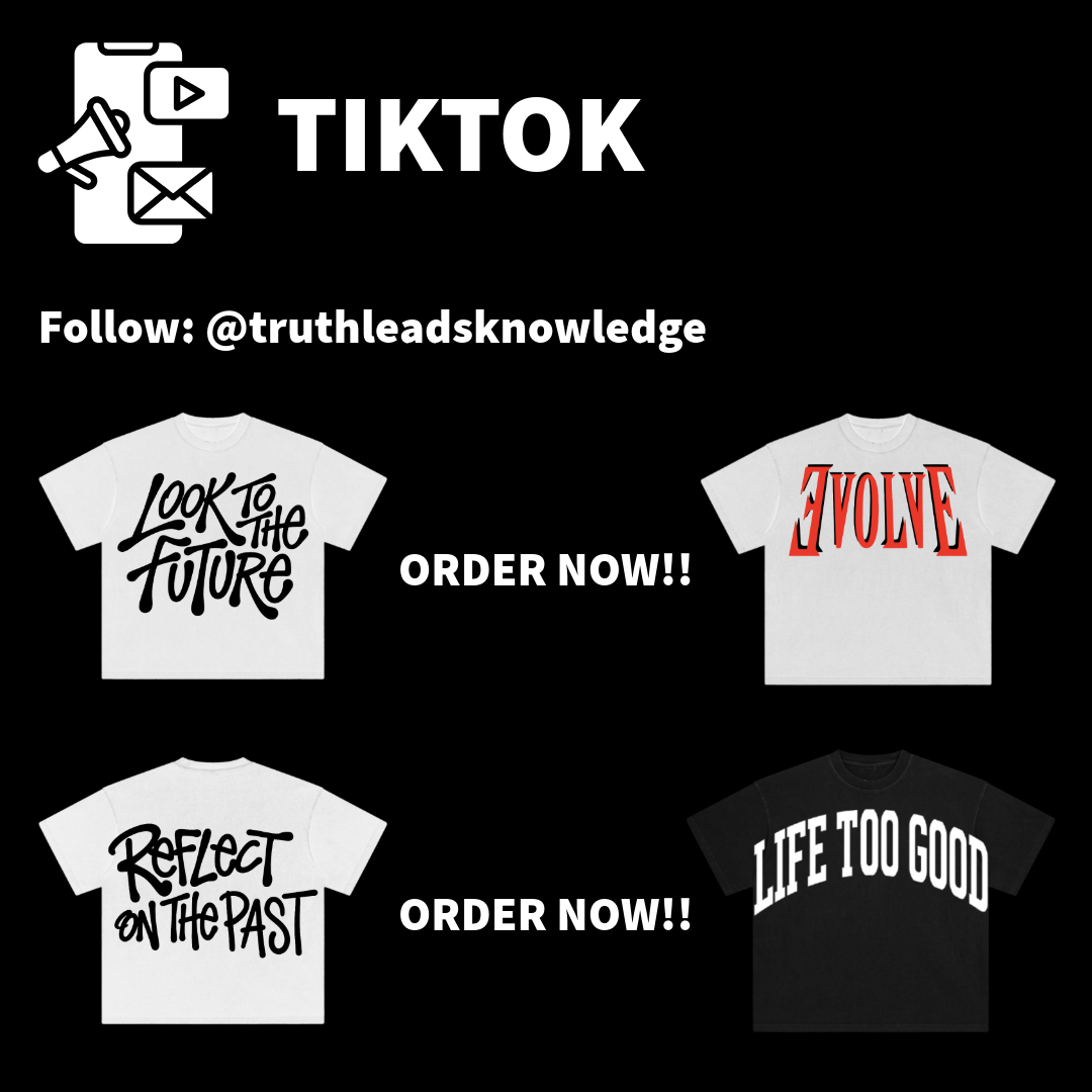 Social media promotional poster with Tiktok logo, black background, white text, showcasing four T-shirts with motivational phrases: "Look to the Future," "Evolve," "Reflect on the Past," and "Life Too Good."