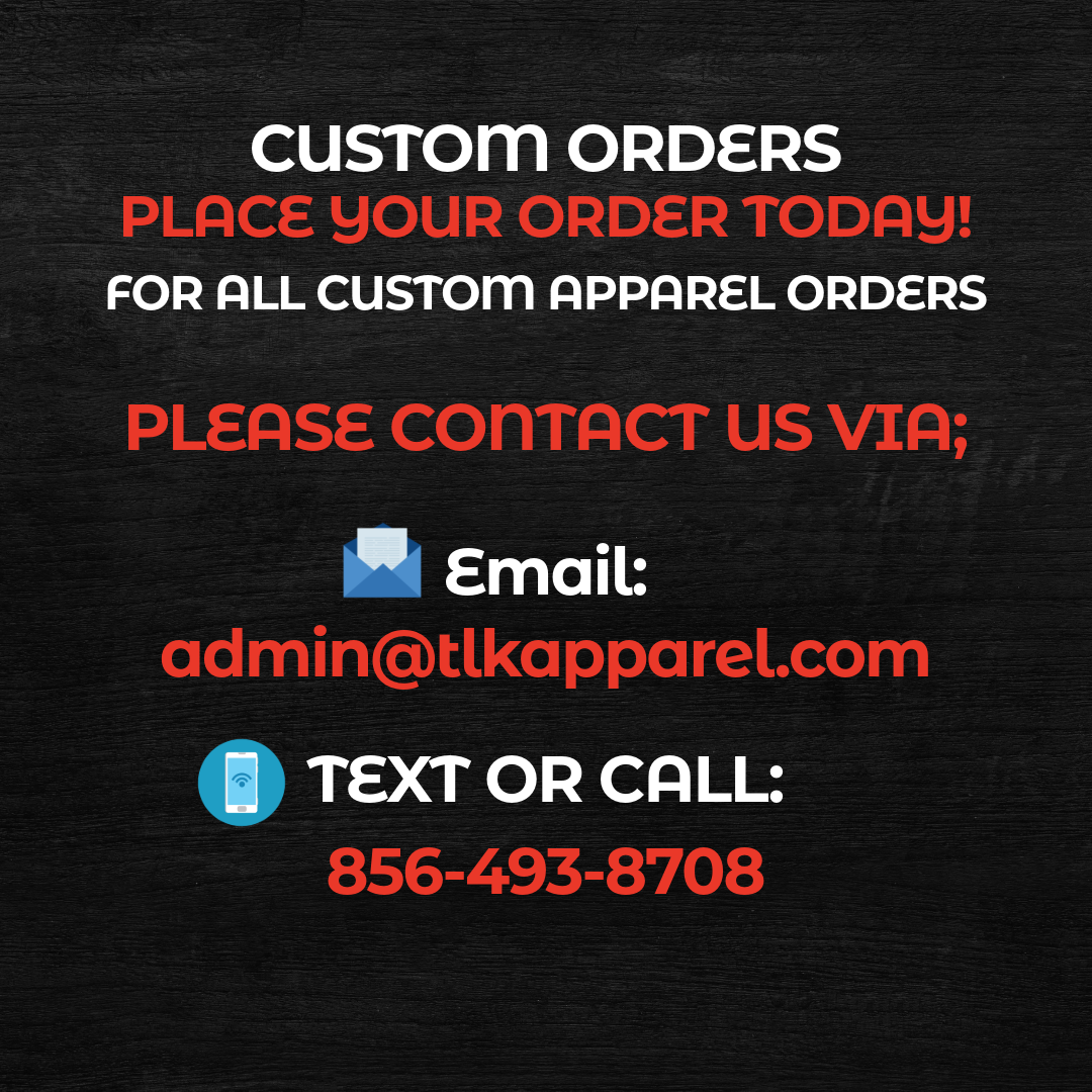 A black background sign with instructions for custom apparel orders, including email and phone contact information.