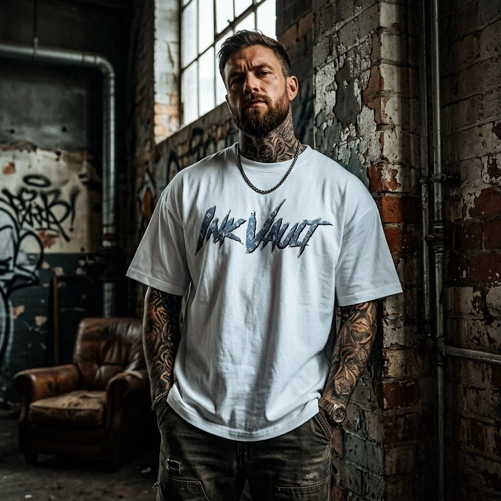 Un homme avec des tatouages, porteur d'une chaîne, portant un t-shirt blanc avec un logo stylisé, dans un endroit industriel avec des murs en briques et des graffitis.