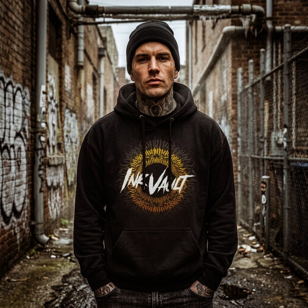 Jeune homme en sweat noir avec un logo au centre, portant un bonnet, dans une allée urbaine.