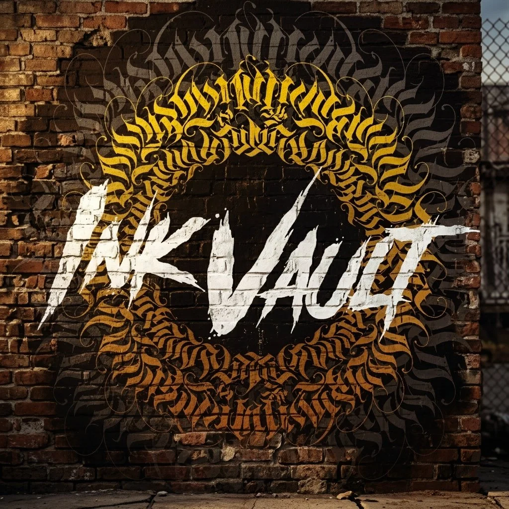 Graffiti sur un mur en briques avec le mot 'VULT' en lettres blanches déchirées, entouré d'un cercle de calligraphie noire et or.
