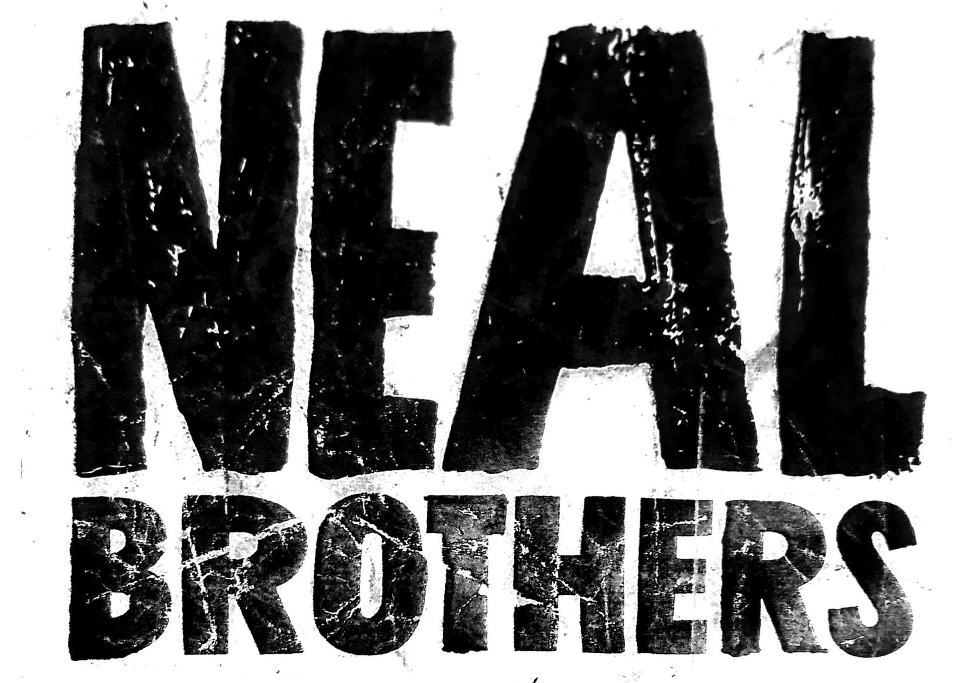 Close-up of a black and white stencil-style sign with the words 'NEAL BROTHERS' in distressed lettering. The logo shows the physical craft behind oh studio's logo design. 