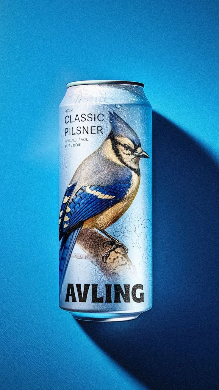 A can of Avling brand classic pilsner beer featuring an illustration of a blue jay bird on a blue background.