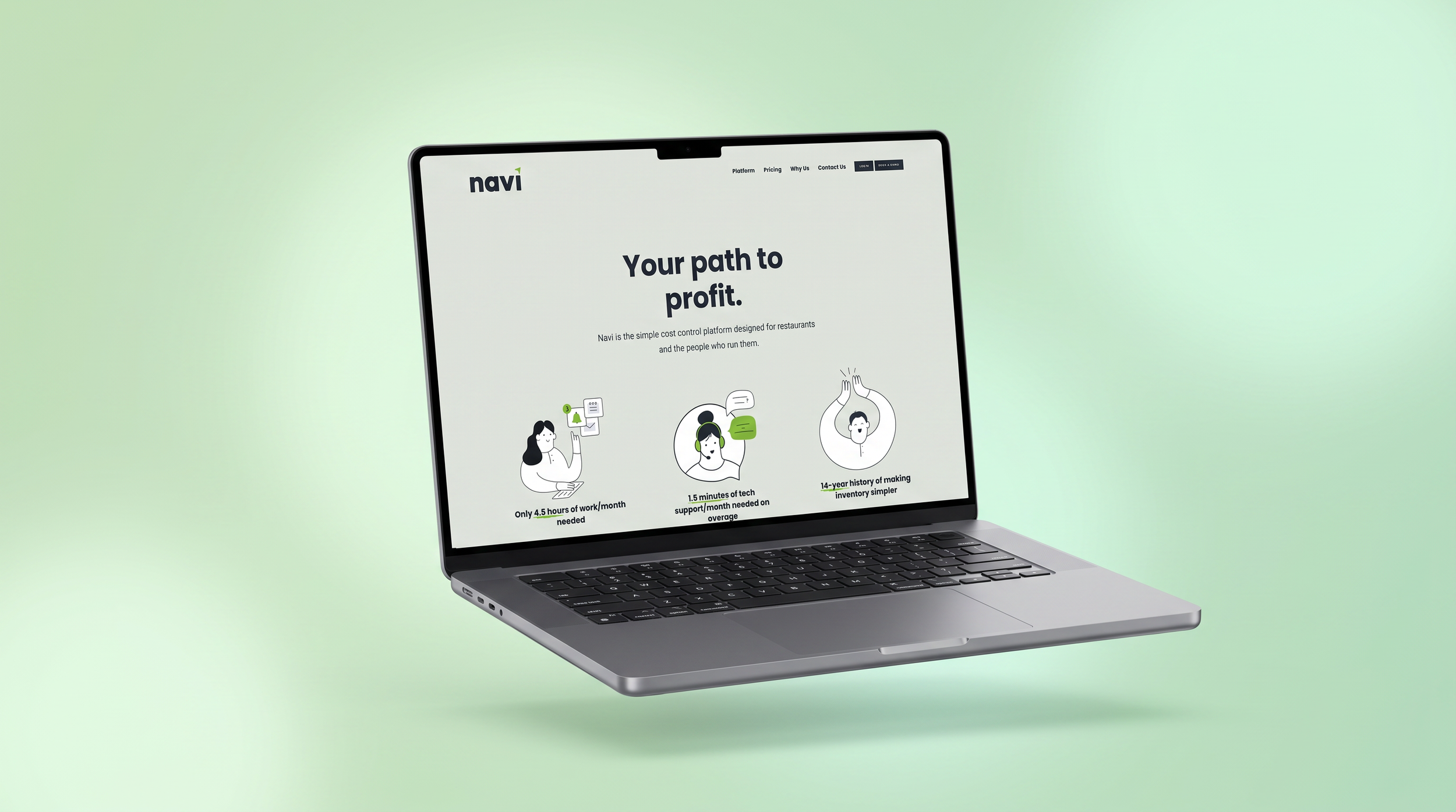 Open laptop displaying a website titled 'navi' with the tagline 'Your path to profit'. The screen shows illustrations and text about a restaurant management platform, including stats about work hours, tech support, and industry experience, on a light