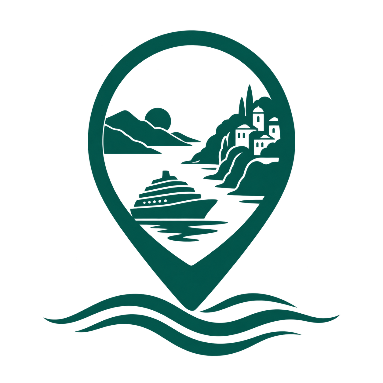 Logo with a mountain landscape, waterfall, water, and mountains inside a map pin shape, with ripples below.