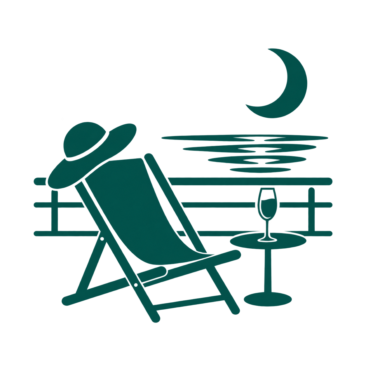 Person relaxing on a lounge chair under a wide-brimmed hat, sitting on a balcony or outdoor deck, gazing at a crescent moon over the water, with a glass of wine on a small table beside them.