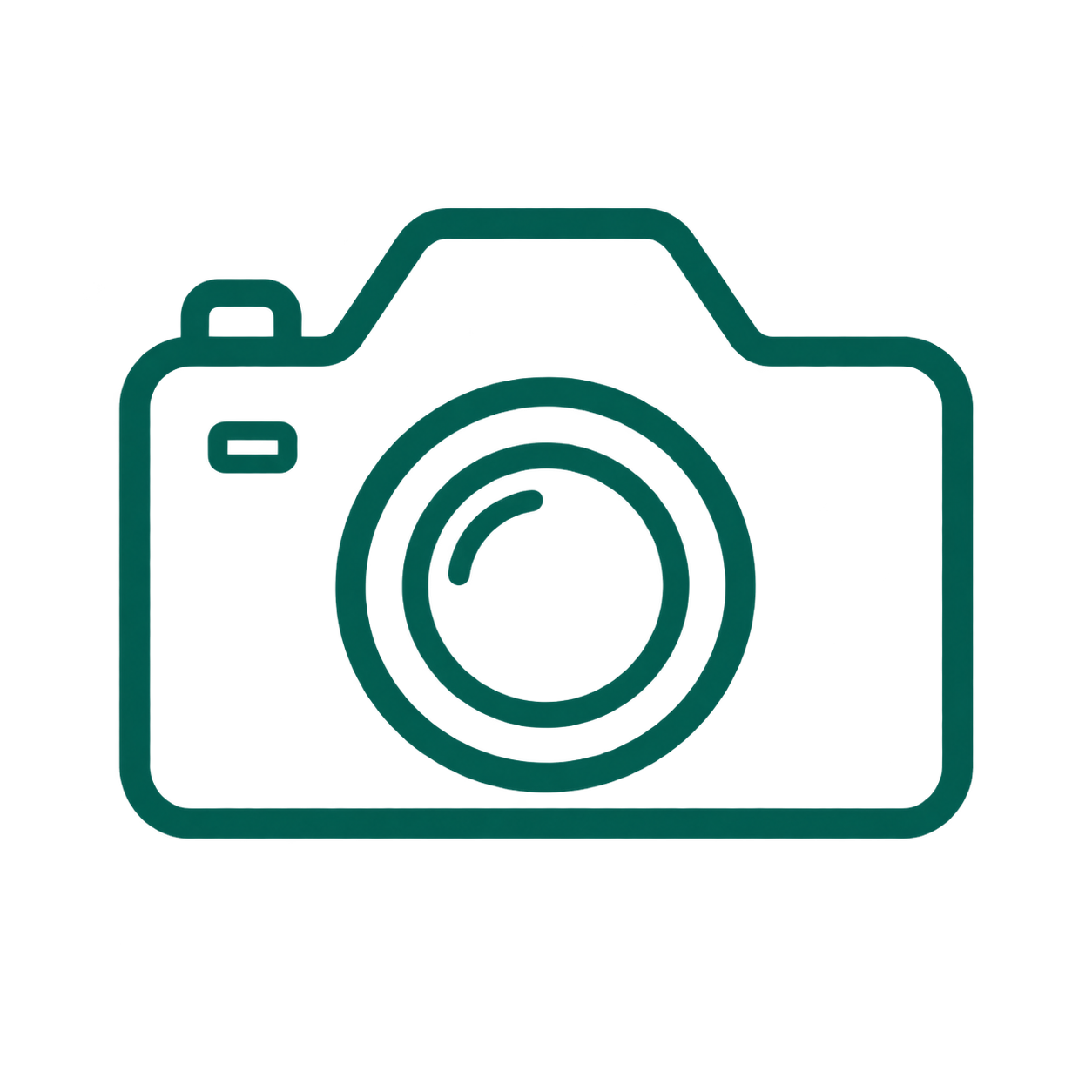 Outline drawing of a camera with a circular lens in the center.