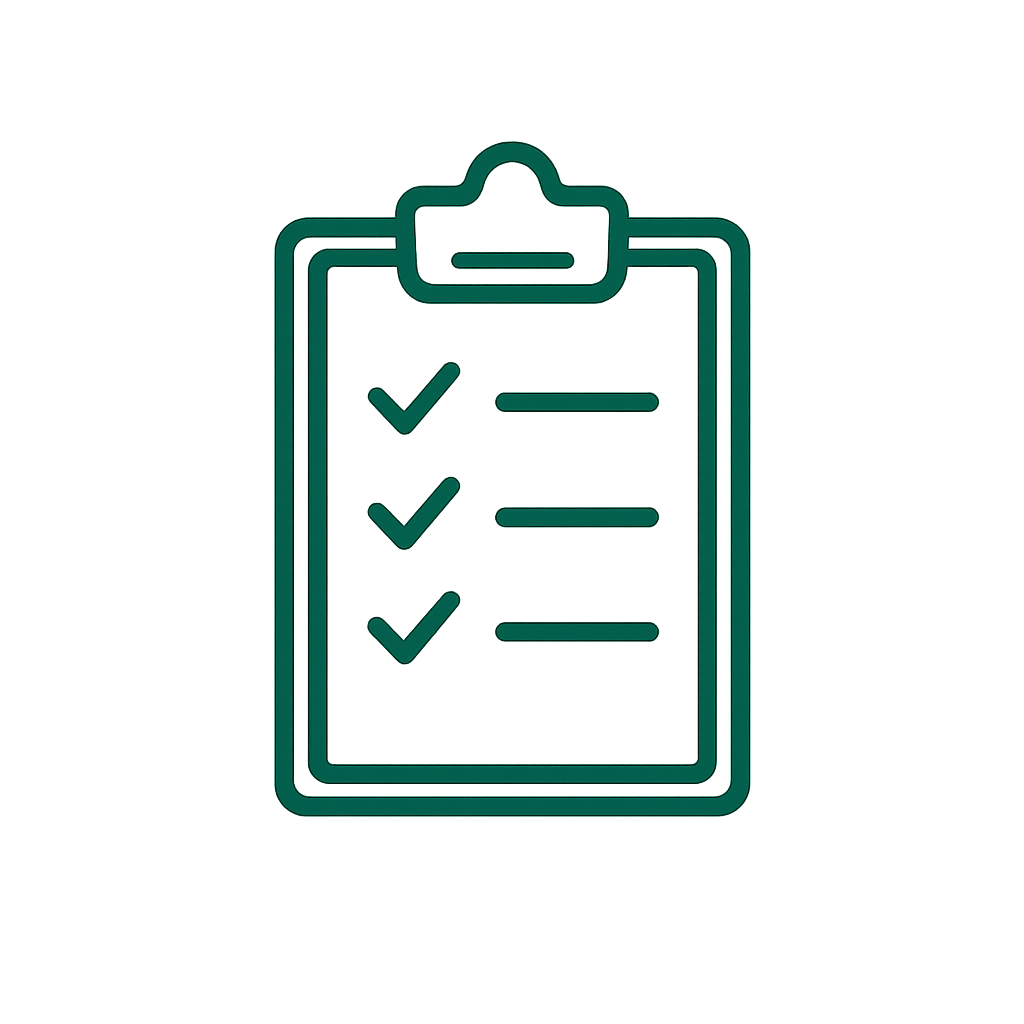 Outline of a clipboard with a checklist, showing three checked boxes and lines of text.