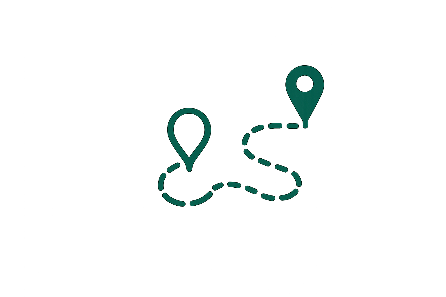 A diagram showing two location markers connected by a dashed path, representing a journey or route from the first to the second.
