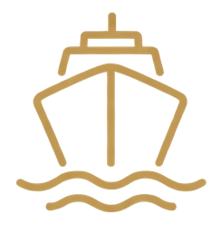 A simple line drawing of a cargo ship on water, shown from the front.