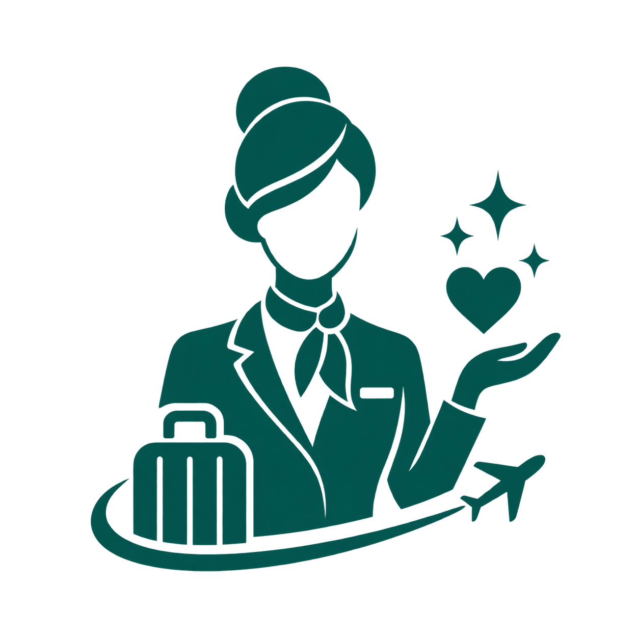 Illustration of a woman in business attire with a suitcase, holding a heart and sparkles, surrounded by an airplane and globe, representing travel and customer service.