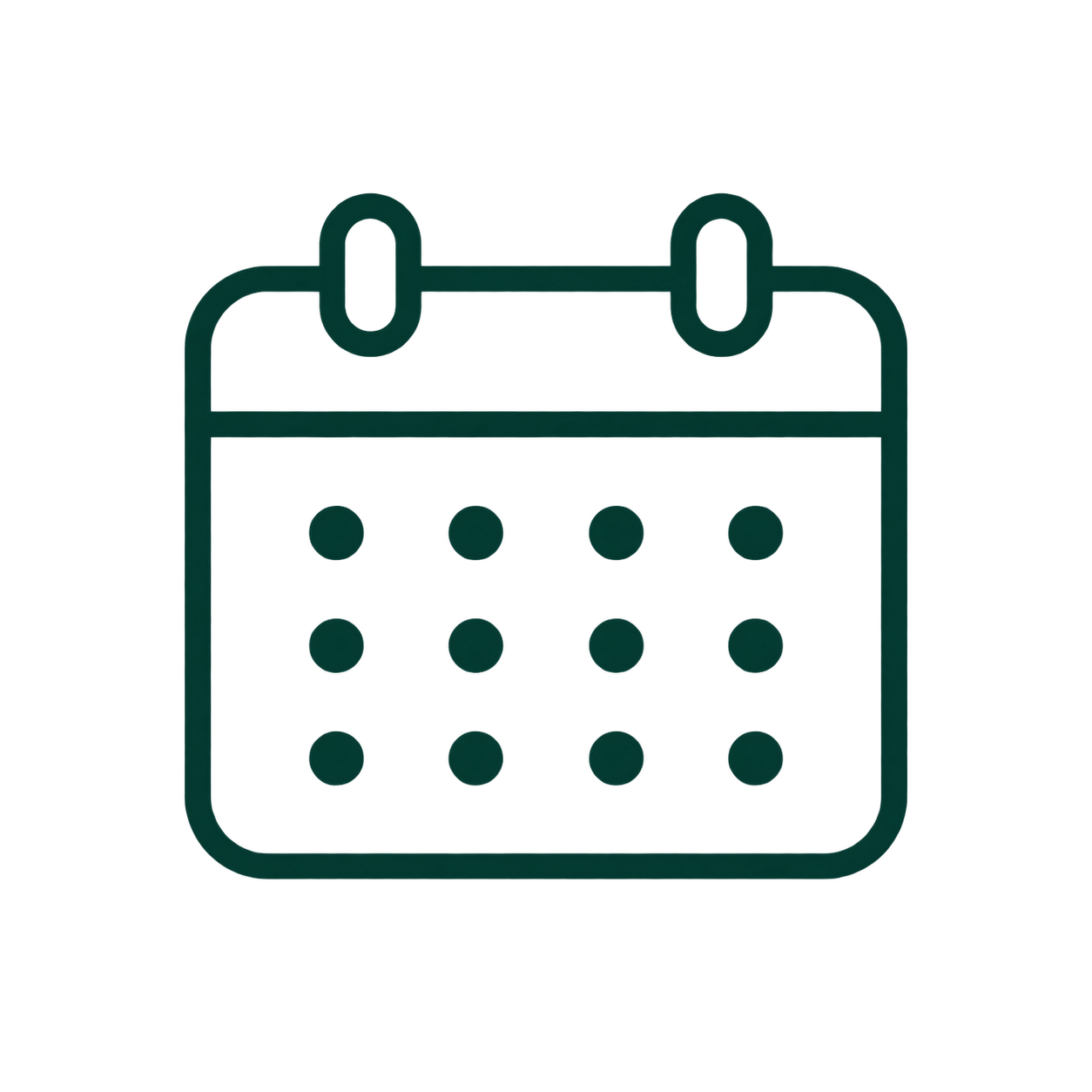 Simple line drawing of a calendar with a grid and two binder rings on top.