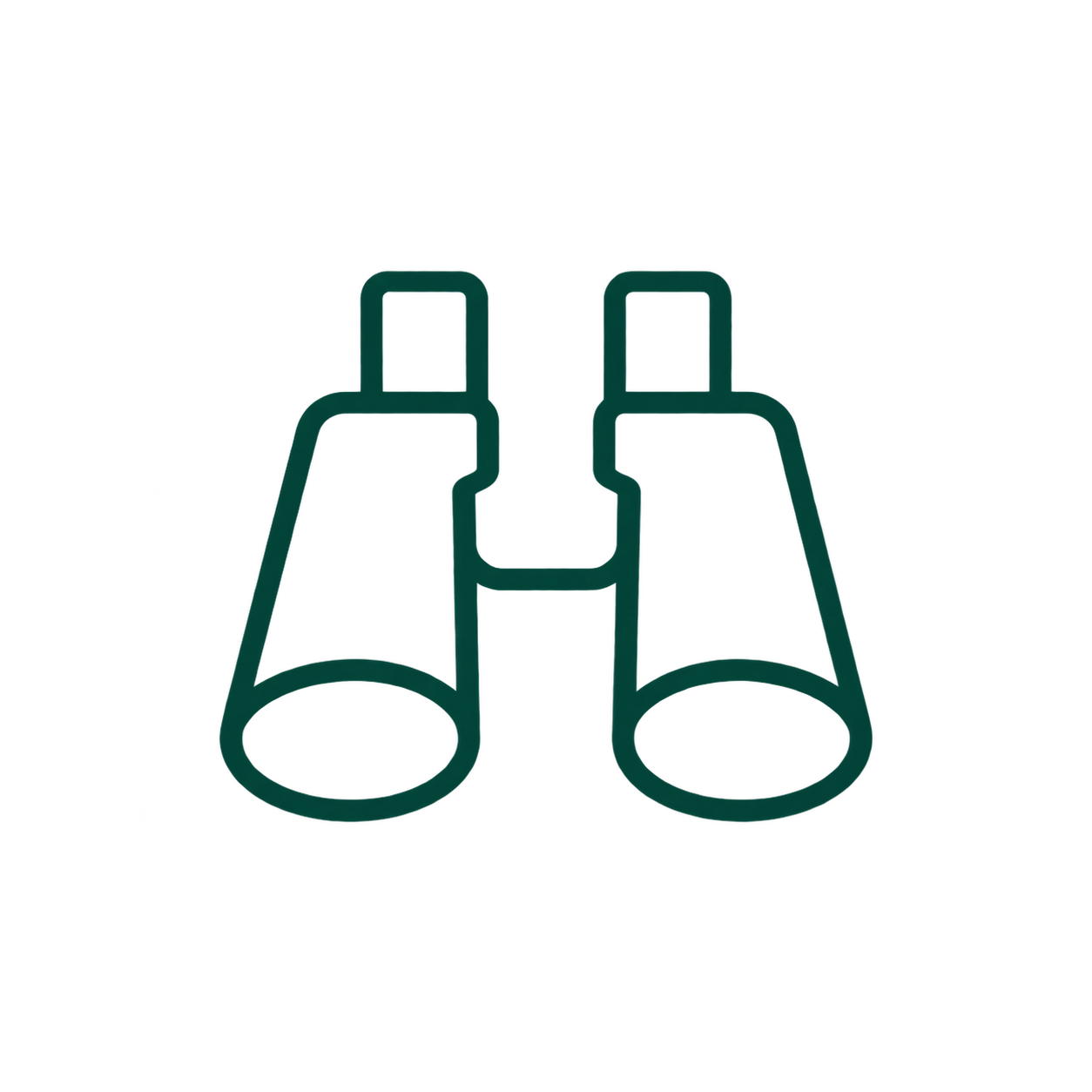 A simple line drawing of two binoculars side by side, outlined in teal with a green shaded area on one of the eyepieces.