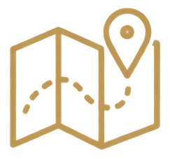 Golden outline of a folded map with a location pin at the top right corner.