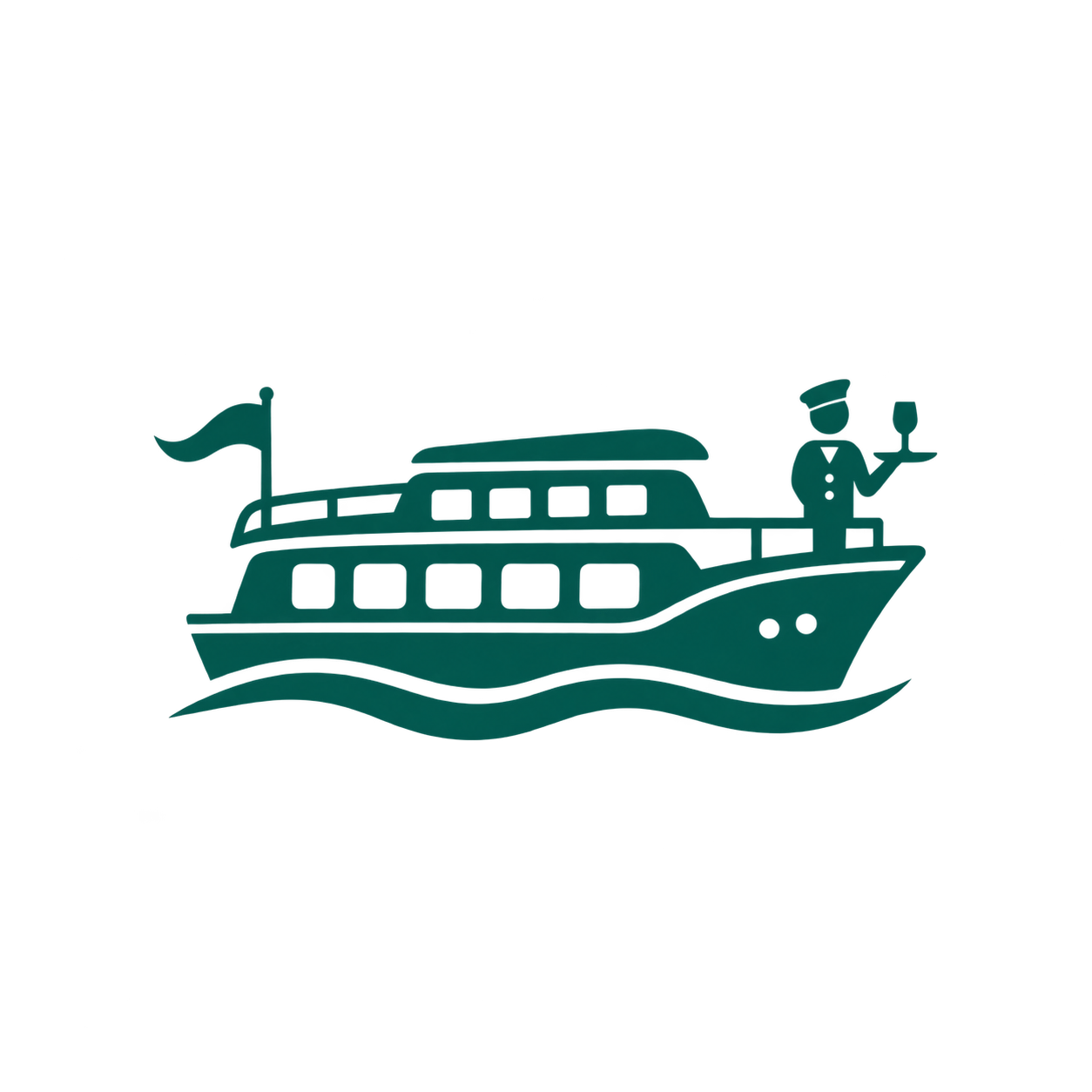 Outline illustration of a passenger cruise ship with a captain holding a telescope. The ship has multiple decks and a flag at the stern.