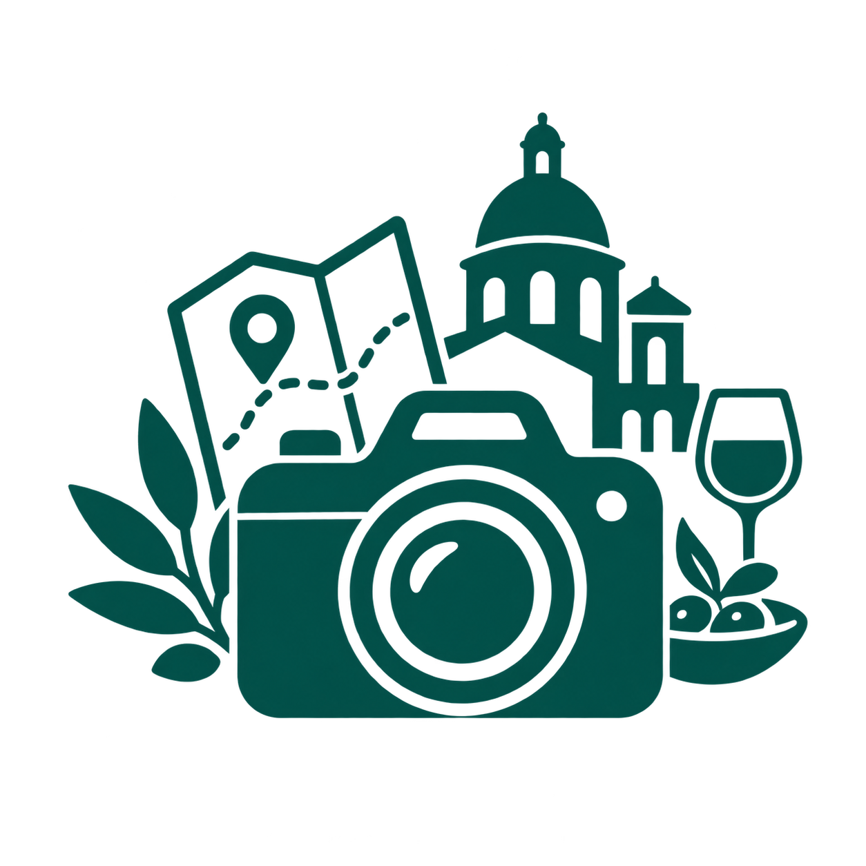 Illustration of a camera with a cityscape in the background, including a dome building, a location pin, a wine glass, and leaves.