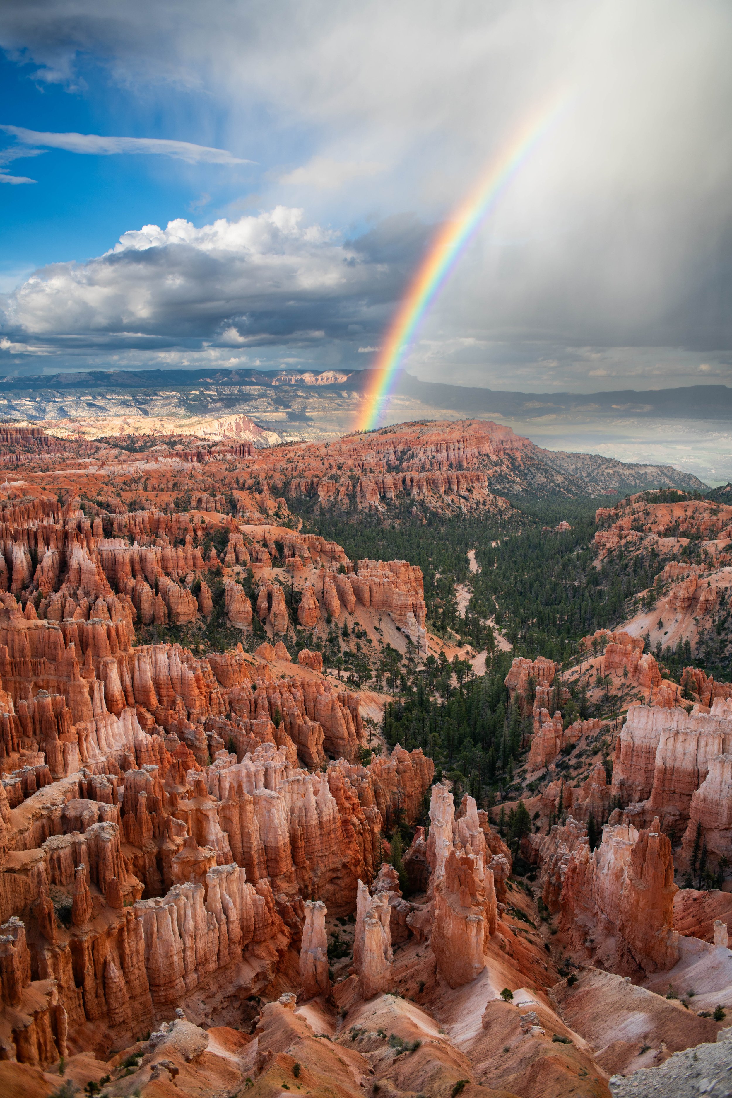 A view of the Grand Canyon with orange rock formations, a rainbow in the sky, and cloudy weather.
