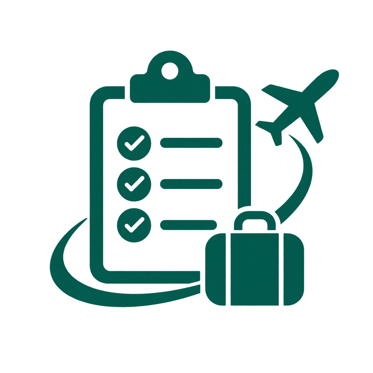 Icon of a clipboard with checkmarks, a suitcase, and a small airplane, representing travel plans or trip checklist.