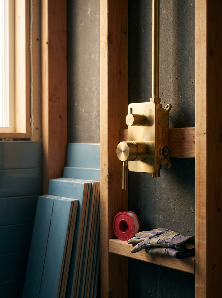 Construction site with a brass plumbing fixture, construction gloves, and spool of wire on wooden shelves next to a wall.