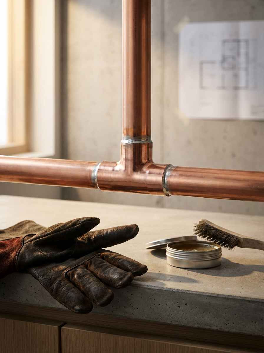 Copper pipes on a construction site with black work gloves, a wire brush, and a tin of pipe joint compound on a beige work surface.