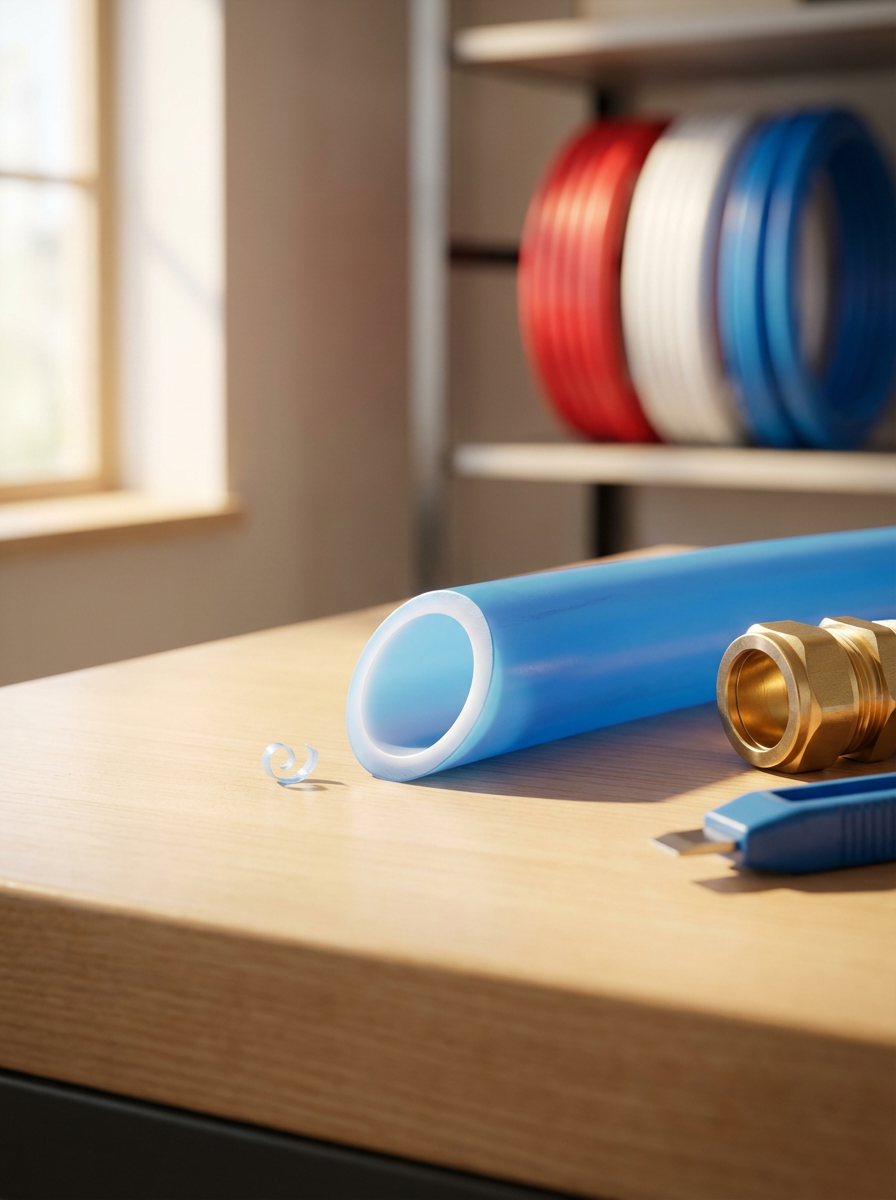 Tools and tubing materials on a wooden table, with spools of red, white, and blue tubing on a shelf in the background.
