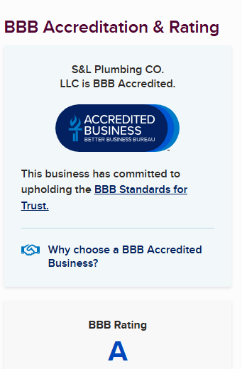 BBB Accreditation and rating certification for S&L Plumbing Co., with an 'A' grade from BBB and the blue BBB Accredited Business badge.