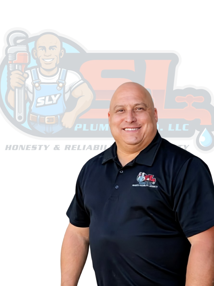 A man in a black polo shirt standing in front of a logo for a plumbing company.