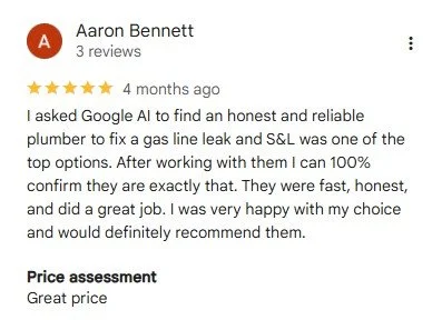 Screenshot of a Google review from Aaron Bennett, rating five stars, praising a plumbing service for fixing a gas line leak and sewer line issue, confirming their honesty and reliability, with a note about price assessment.