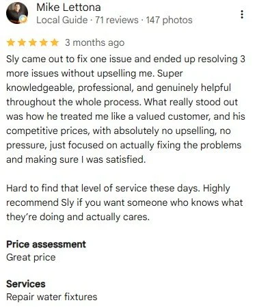 Screenshot of a customer review mentioning a service experience with Sly, highlighting customer care, professionalism, and water fixture repairs.
