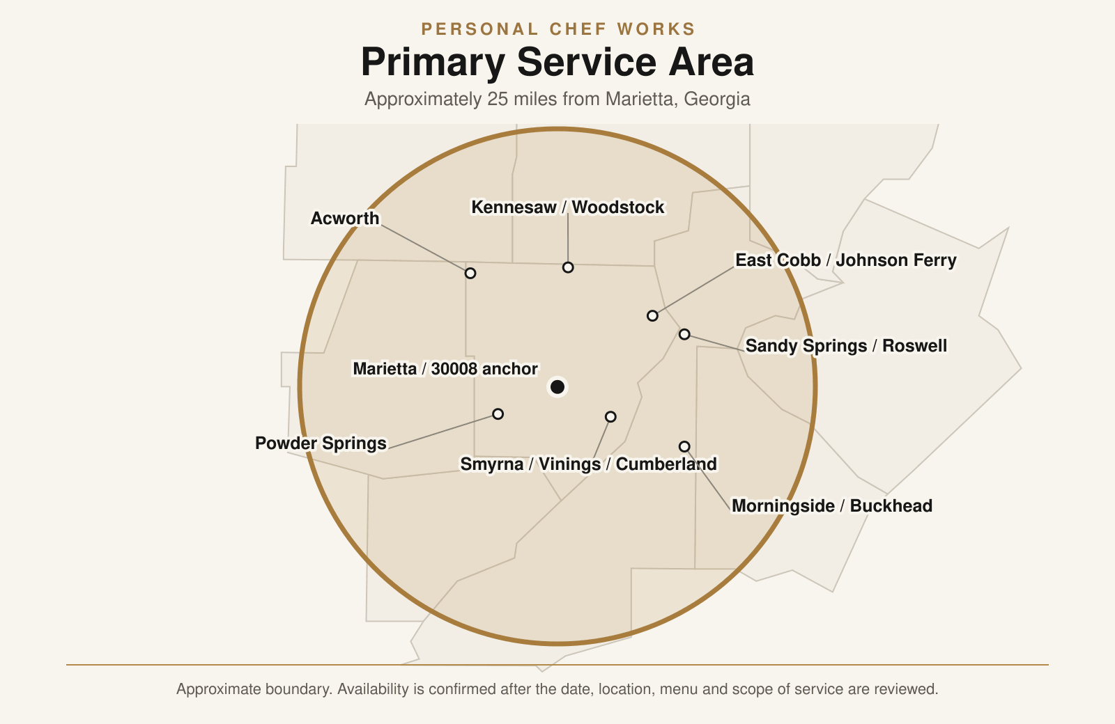 Map illustrating the primary service area for Personal Chef Works, centered around Marietta, Georgia, with various towns marked within a 25-mile radius.