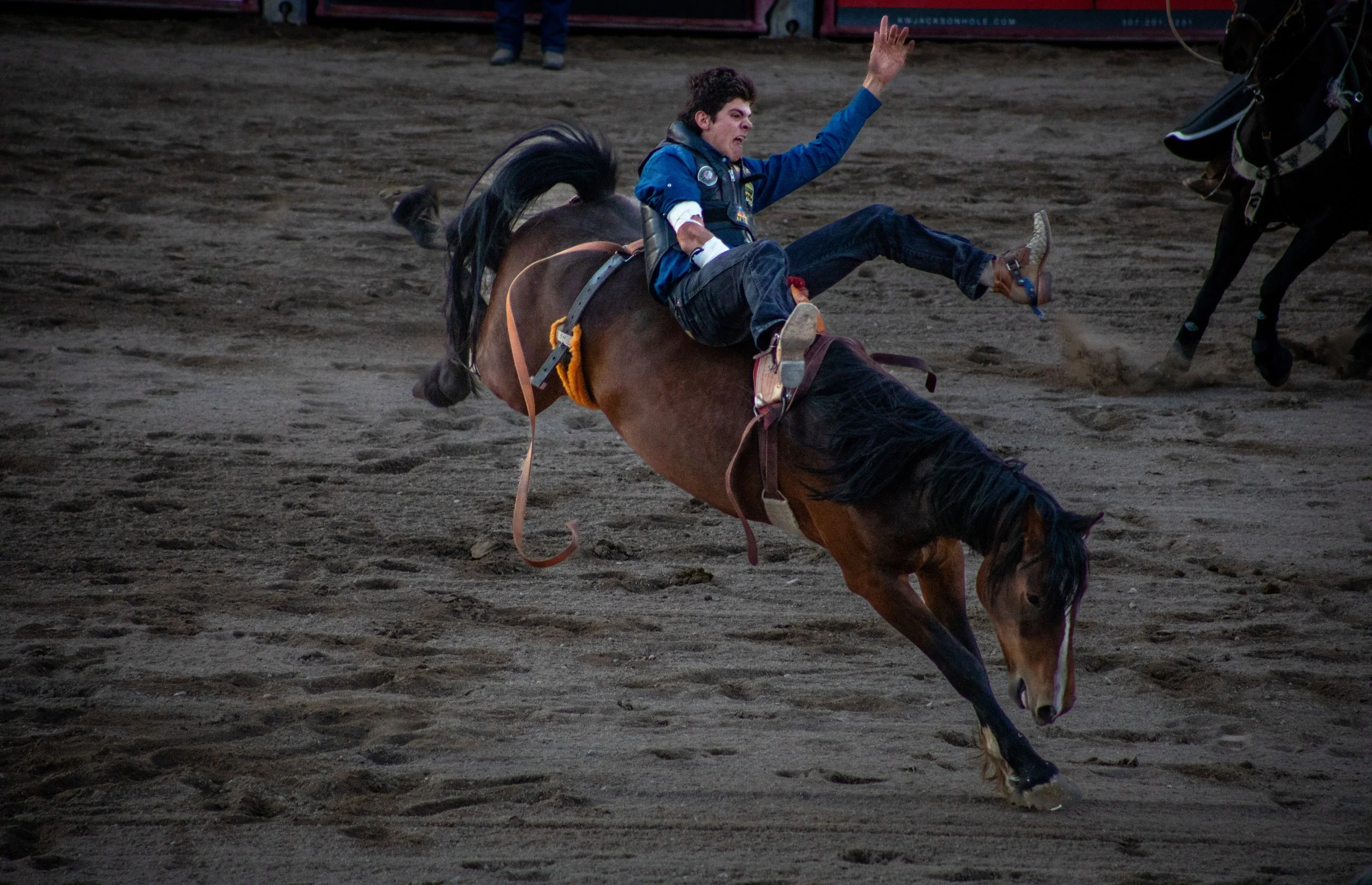 A person falls off a horse during a rodeo on dirt ground, with a cheering crowd in the background.