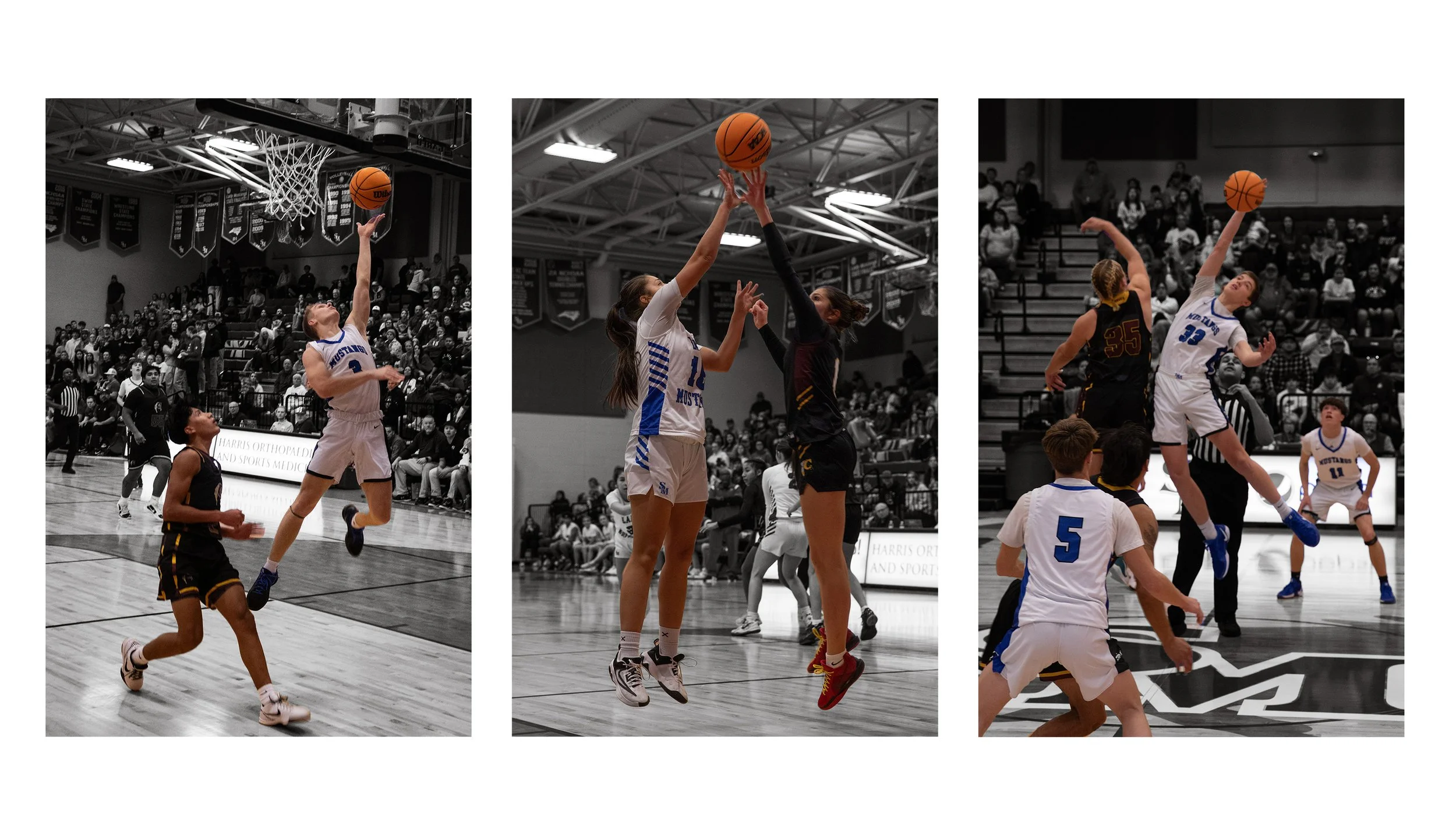 Three action shots of female basketball players during a game in a gymnasium, with one player shooting, another blocking, and a third jumping for a layup, with spectators in the background.
