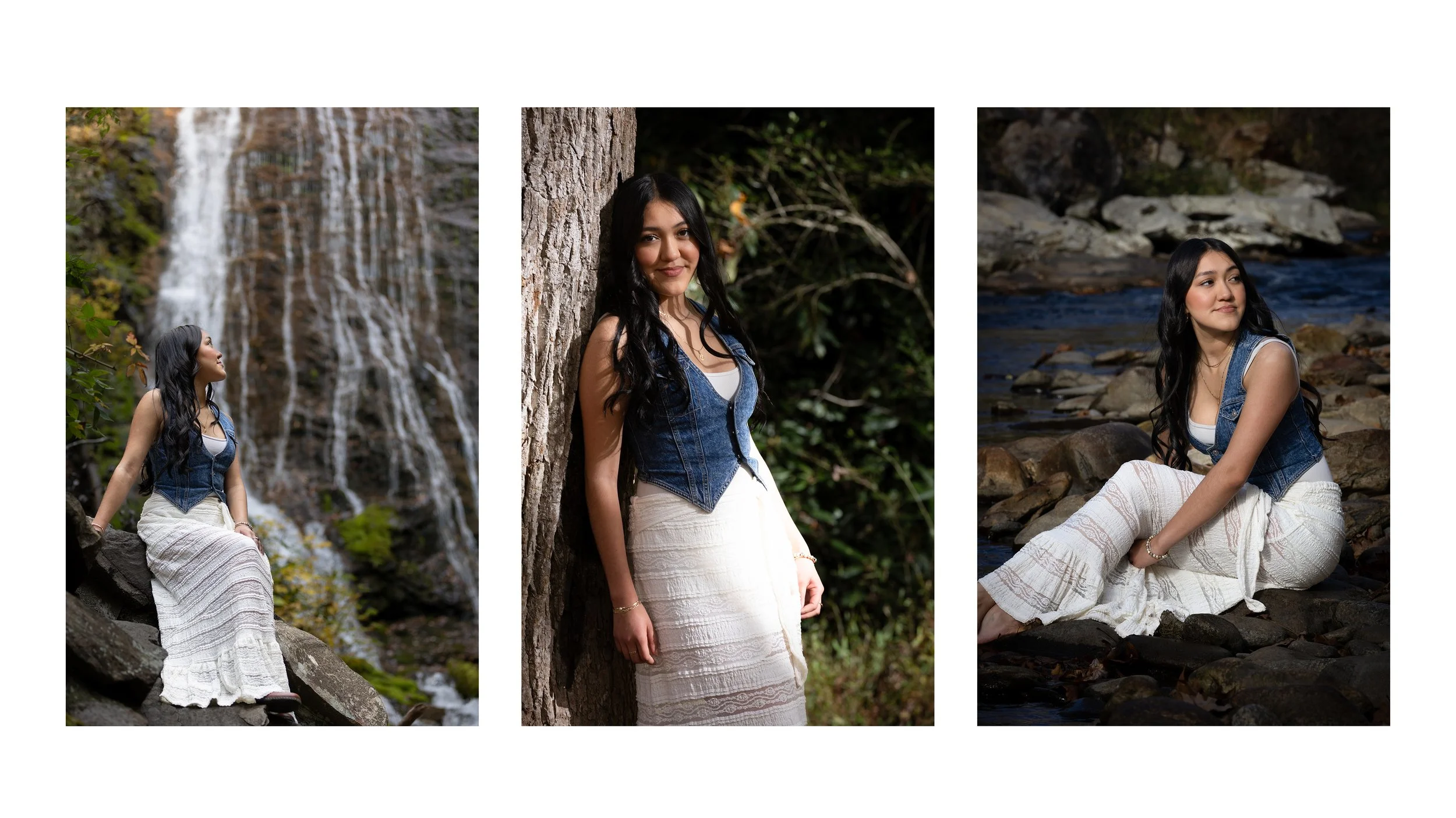 Triptych of a young woman with long dark hair wearing a denim vest and white patterned skirt, posing outdoors near a waterfall in the first and third images and standing against a tree in the second image.