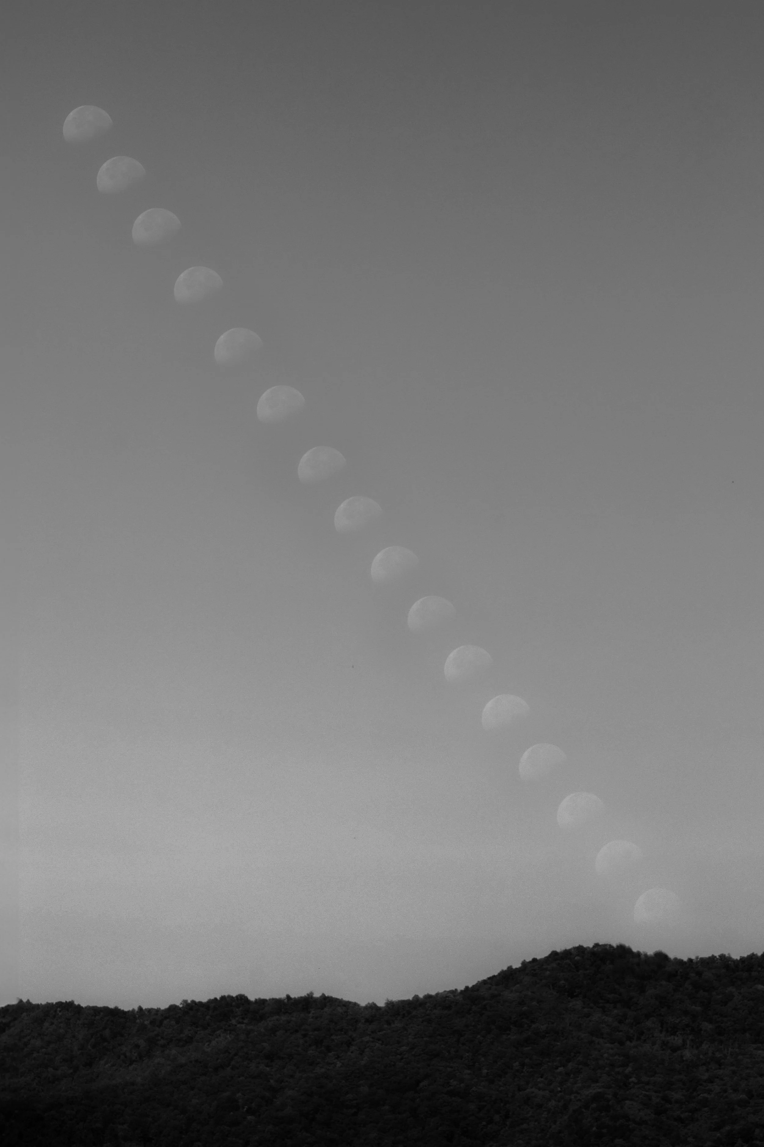 A black and white photo of the moon showing different lunar phases transitioning from a full moon to a waxing crescent, with a landscape of trees and hills at the bottom.