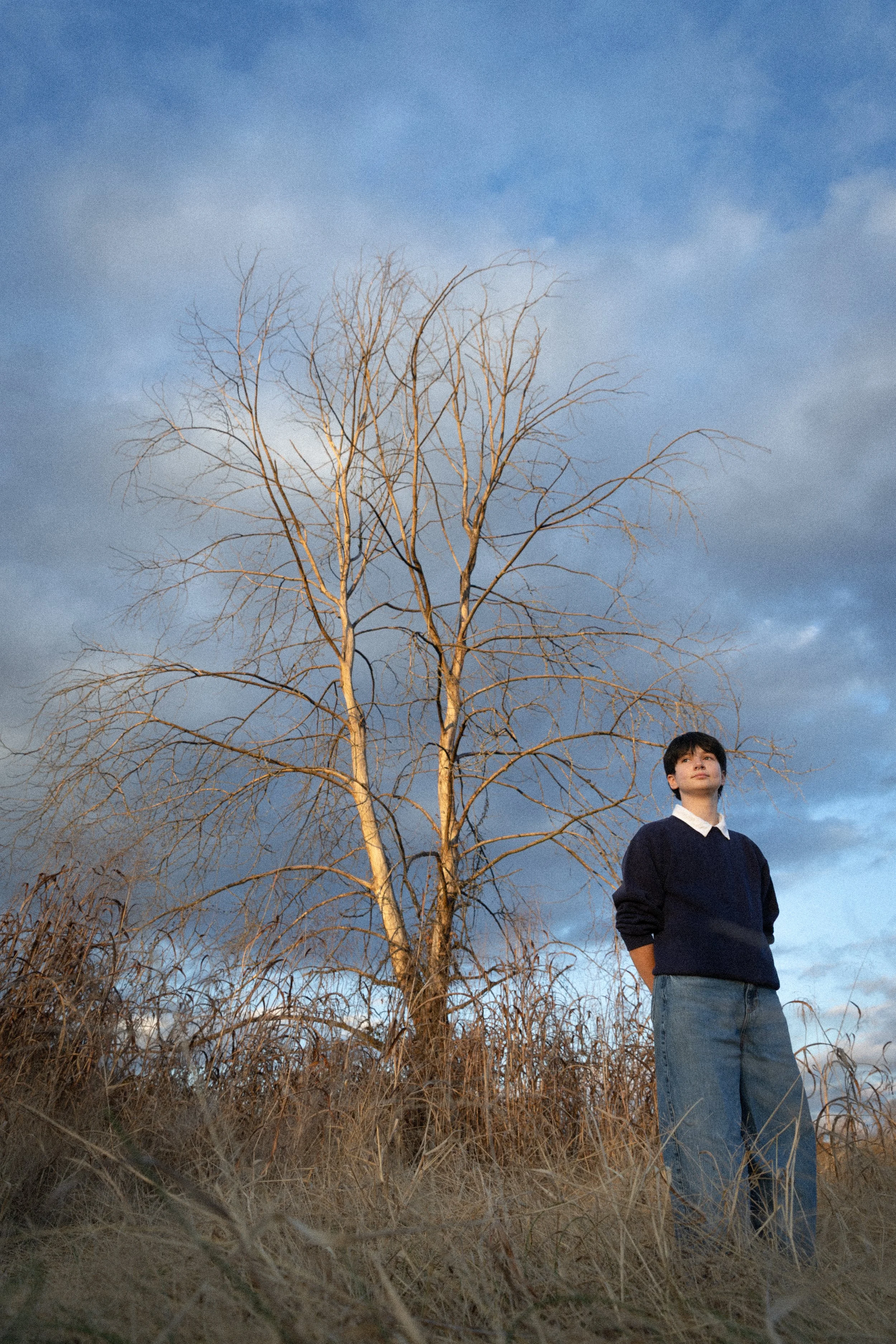 A young man with dark hair, wearing a navy blue sweater and wide-leg jeans, stands outdoors at dusk in a field of dry grass, with a leafless tree and a partly cloudy sky in the background.