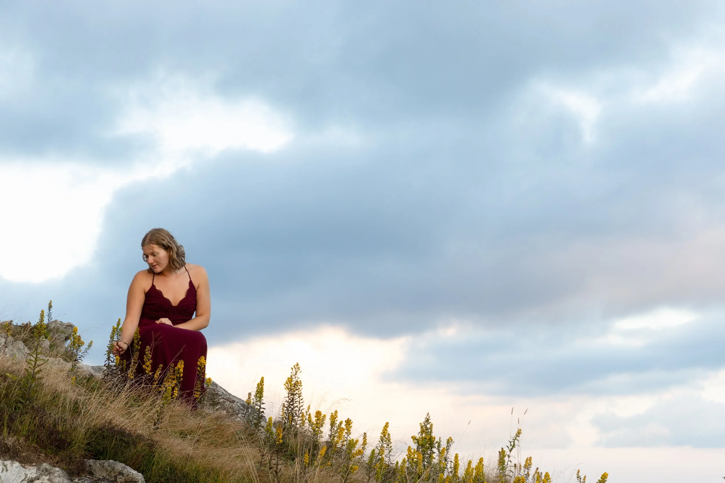 A woman in a burgundy dress sits on a rock amidst yellow wildflowers outdoors under a cloudy sky.