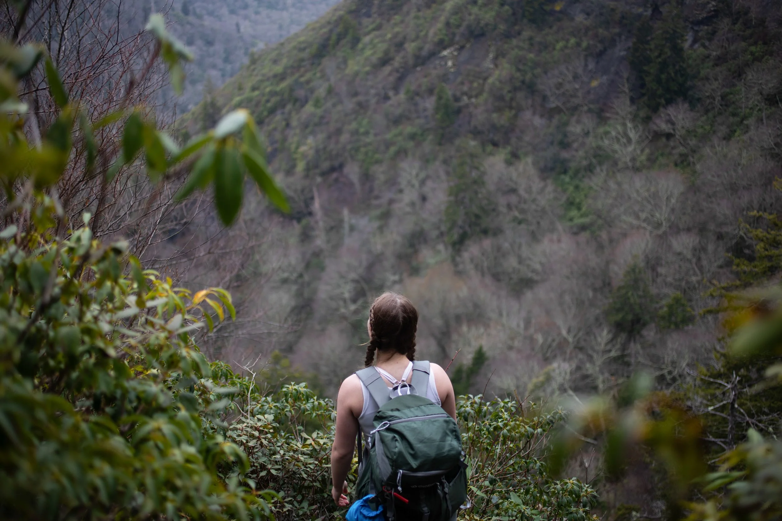 Woman hiking in a forested mountainous area with her back to the camera, wearing a backpack.