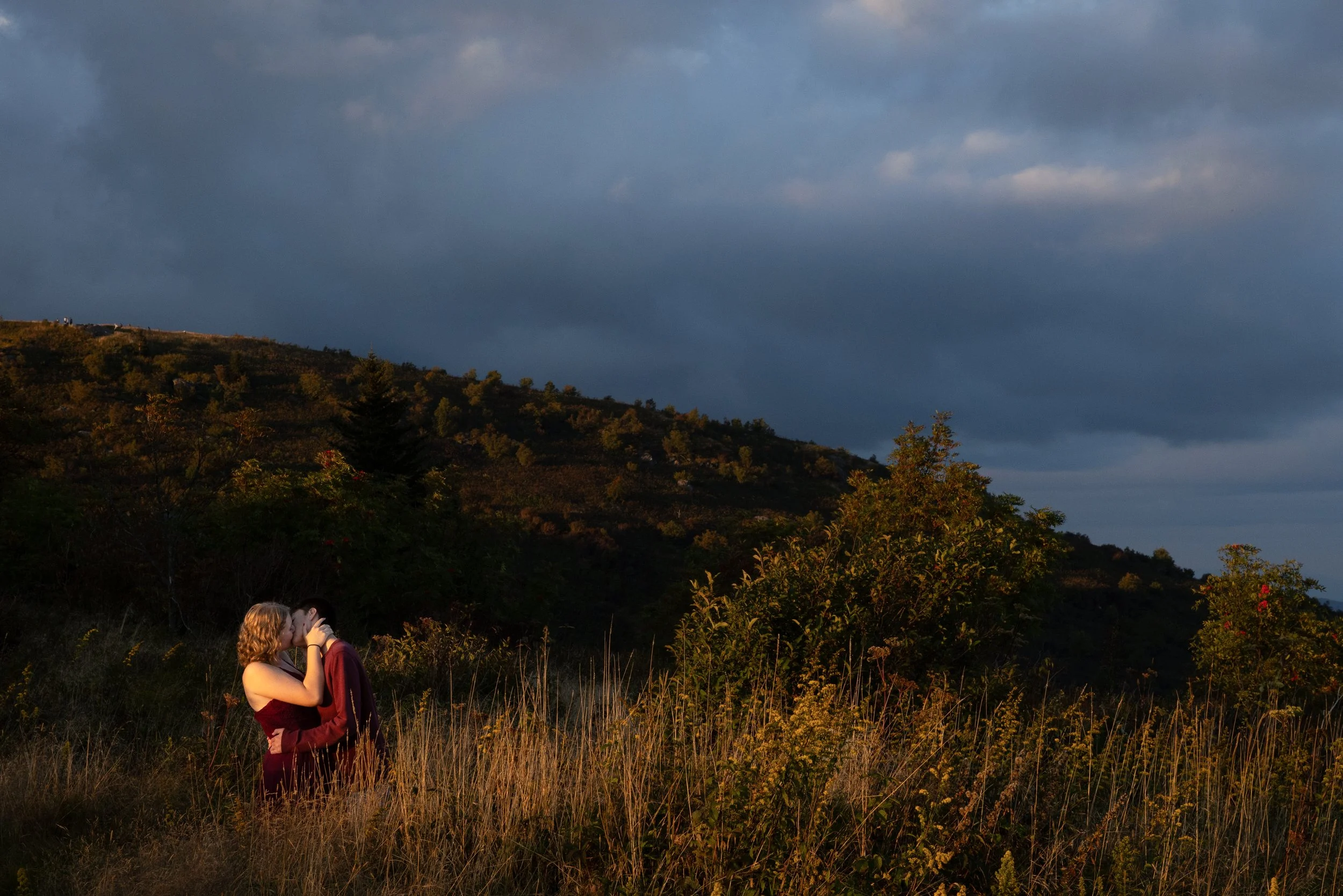 A couple sharing a kiss in a field on a hillside with trees and shrubs, under a cloudy sky in the evening.