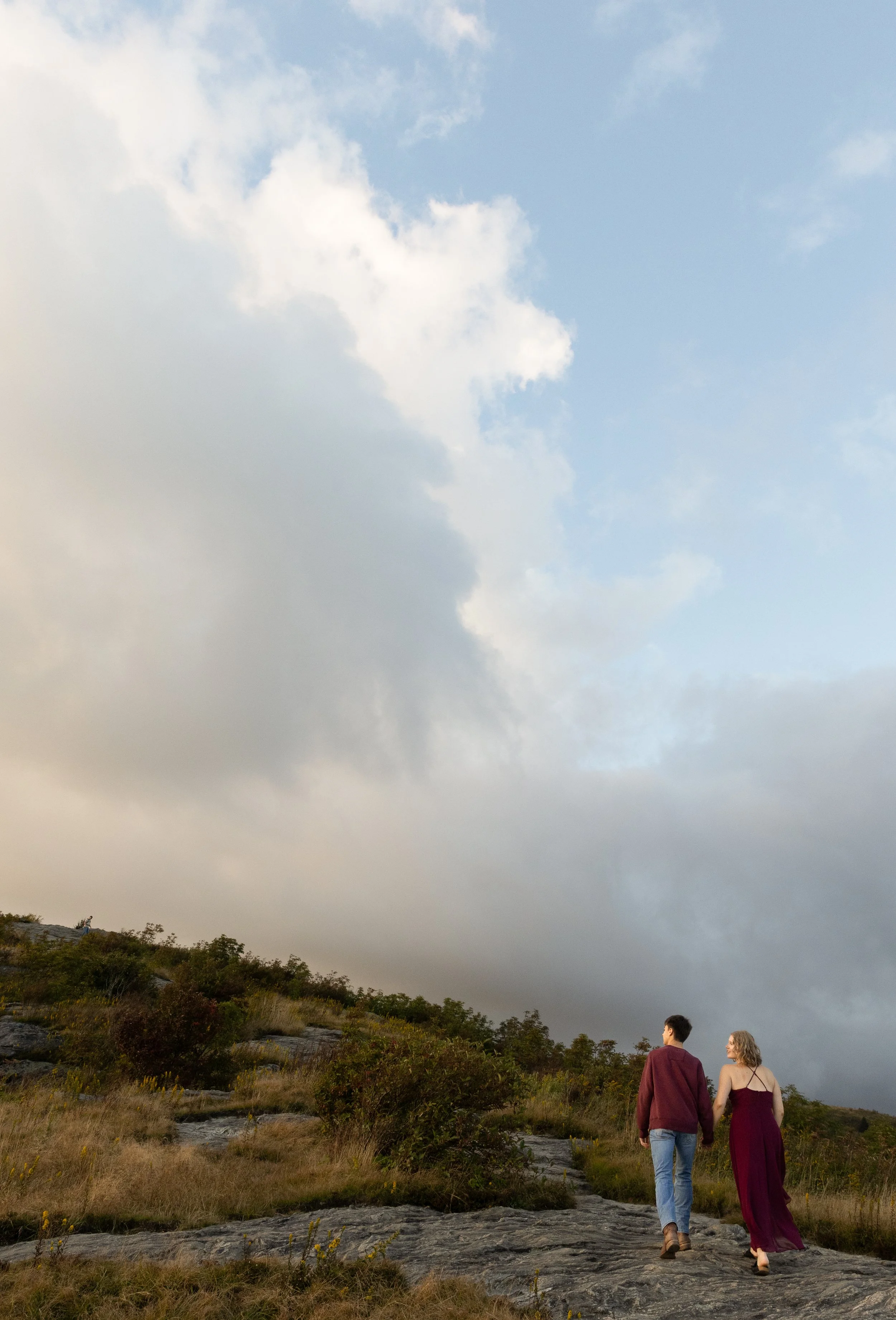 A couple walking hand in hand on a rocky trail in a natural landscape, with bushes and trees, under a partly cloudy sky during daytime.