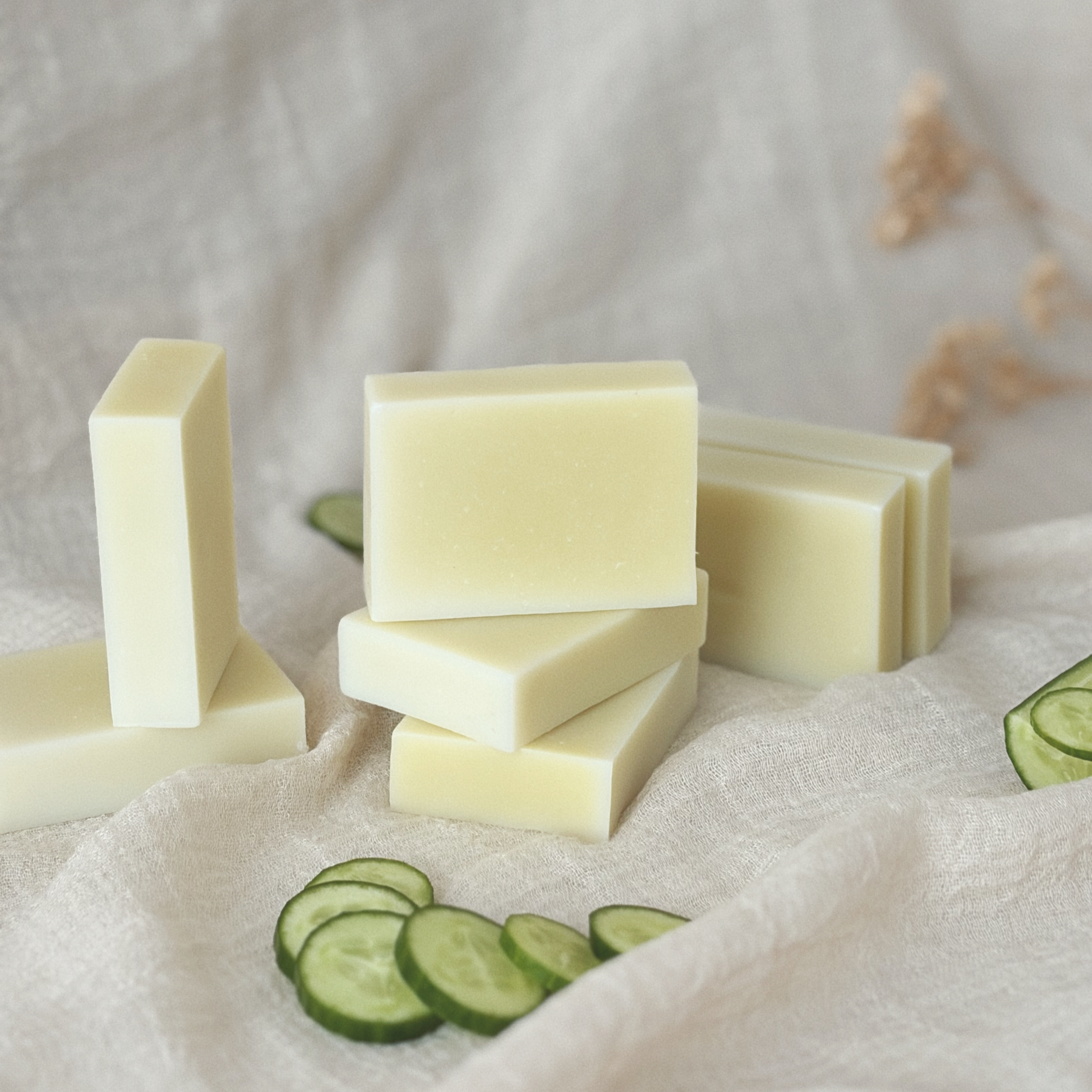Slices of cucumber arranged on a white surface with slices of white cheese and a piece of cheese in the background.
