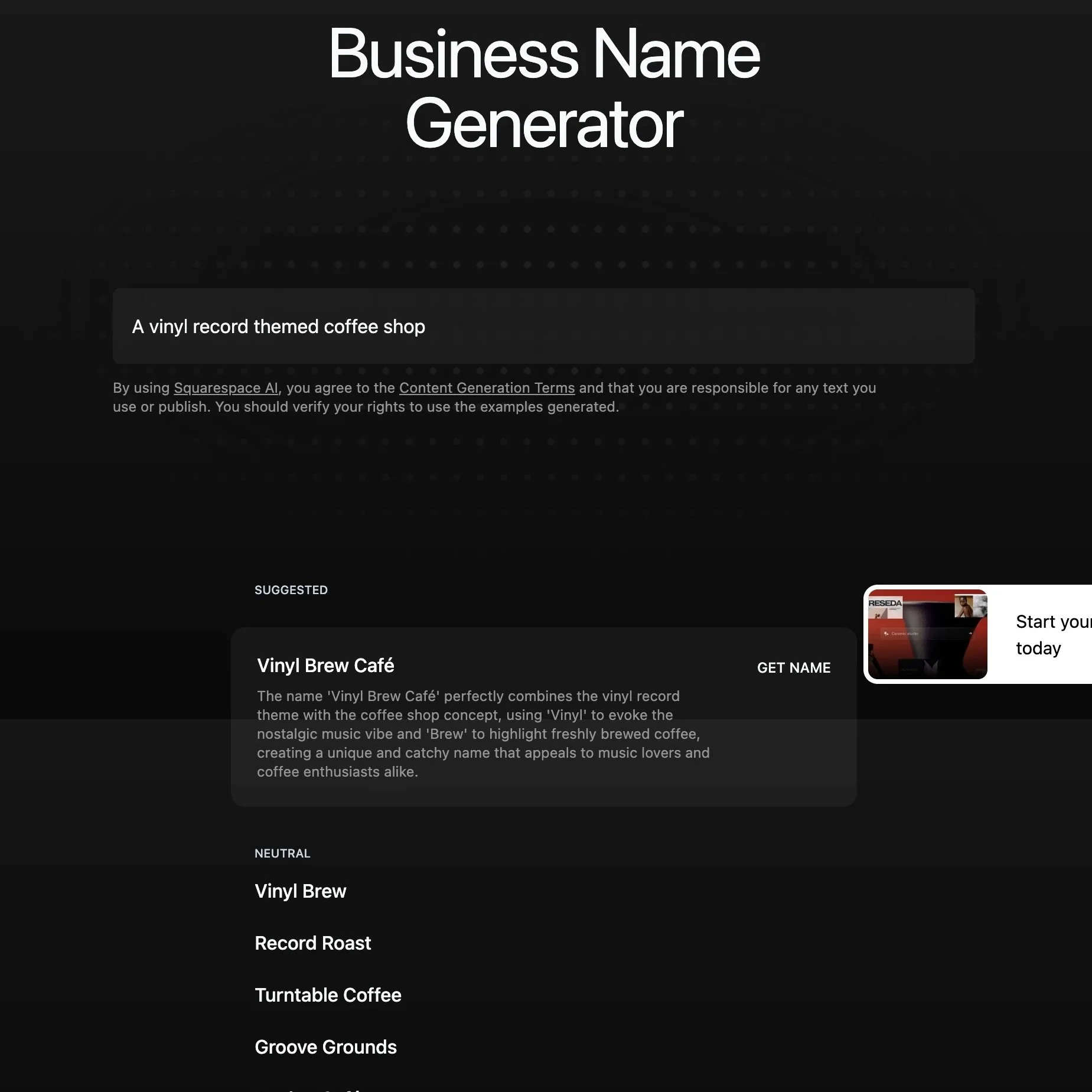 Squarespace business name generator UI