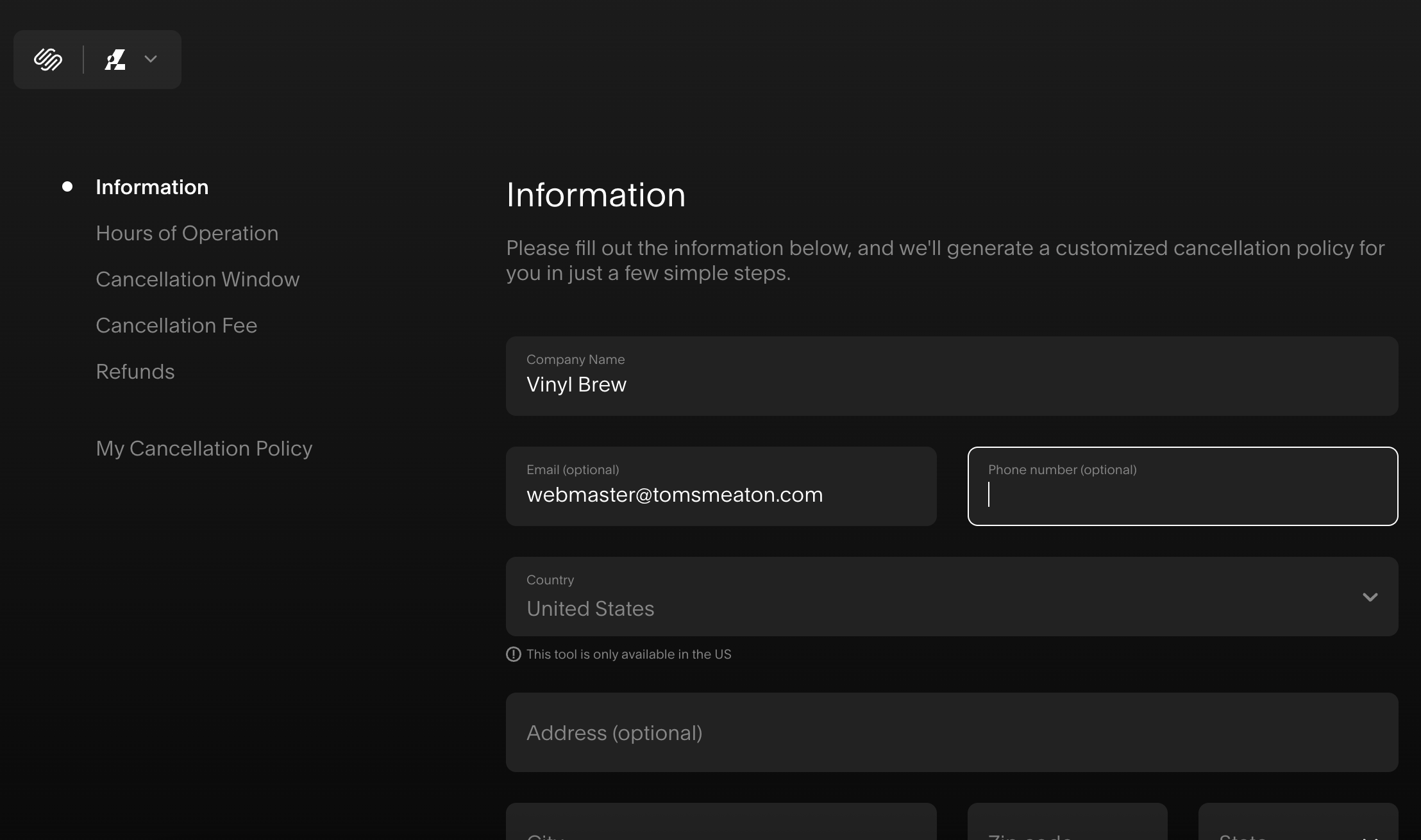 Squarespace Cancellation policy generator tool UI