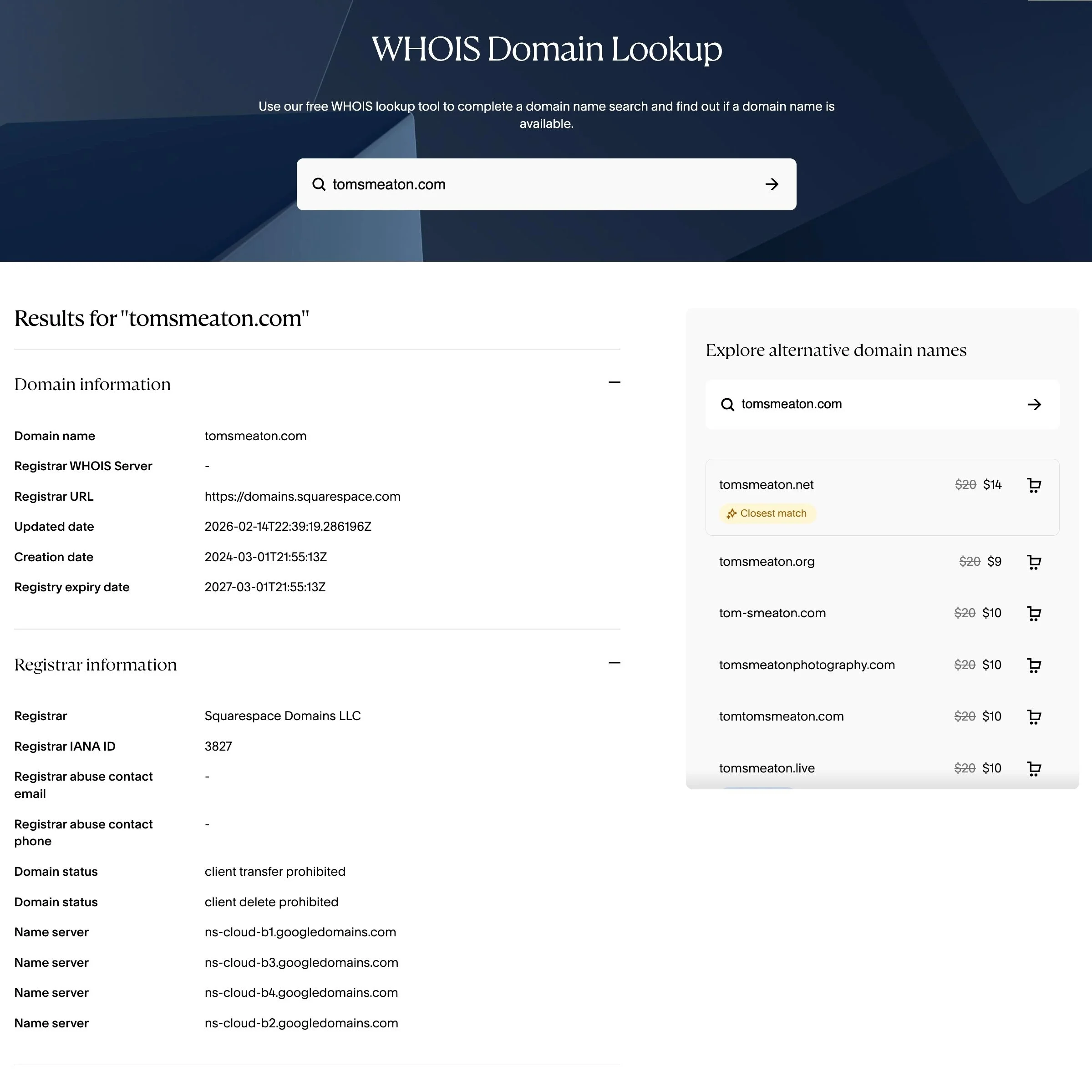 Squarespace WHOIS Lookup tool interface