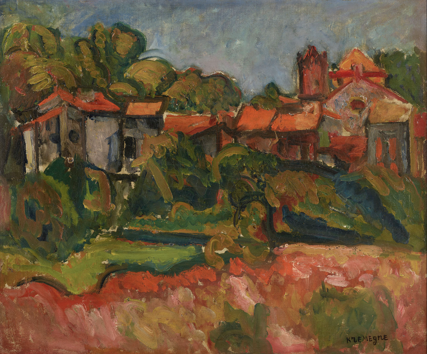 An oil painting depicting a rural scene with houses, trees, and a pathway. The buildings have red roofs and one appears to have a small tower or steeple. The artist uses bold, expressive brushstrokes with a vivid color palette dominated by greens, reds, and browns.