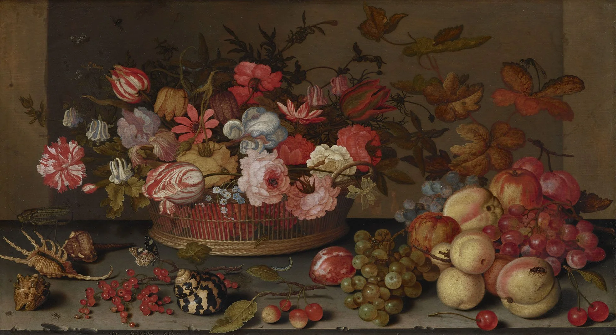 A still life painting of a basket of pink and red flowers with fruits such as apples and grapes, surrounded by insects like butterflies and bees on a dark background.