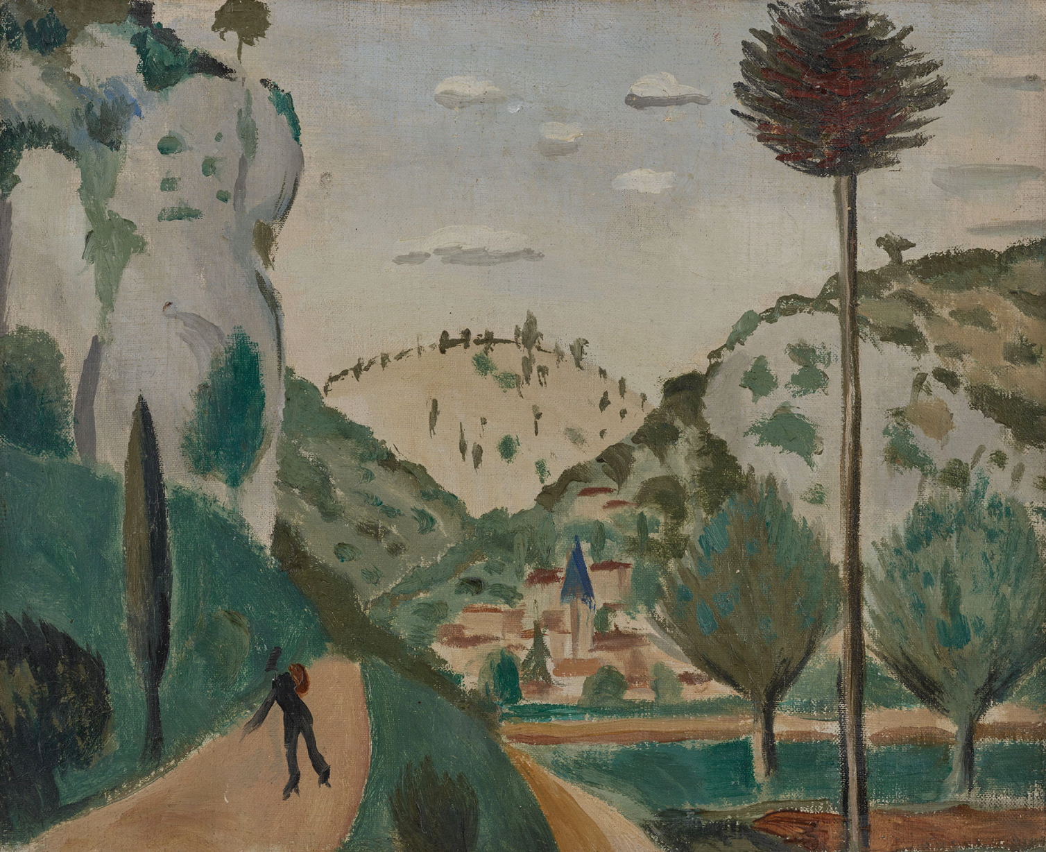 A landscape painting depicting a hilly countryside with a dirt path, lush greenery, scattered trees, a church with a blue steeple in the distance, and a cloudy sky.
