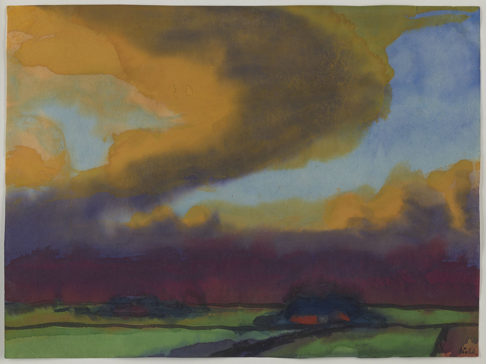 An abstract watercolor painting of a colorful landscape with a large dark cloud in the sky, a mix of blue, yellow, orange, and purple hues, and green land at the bottom.