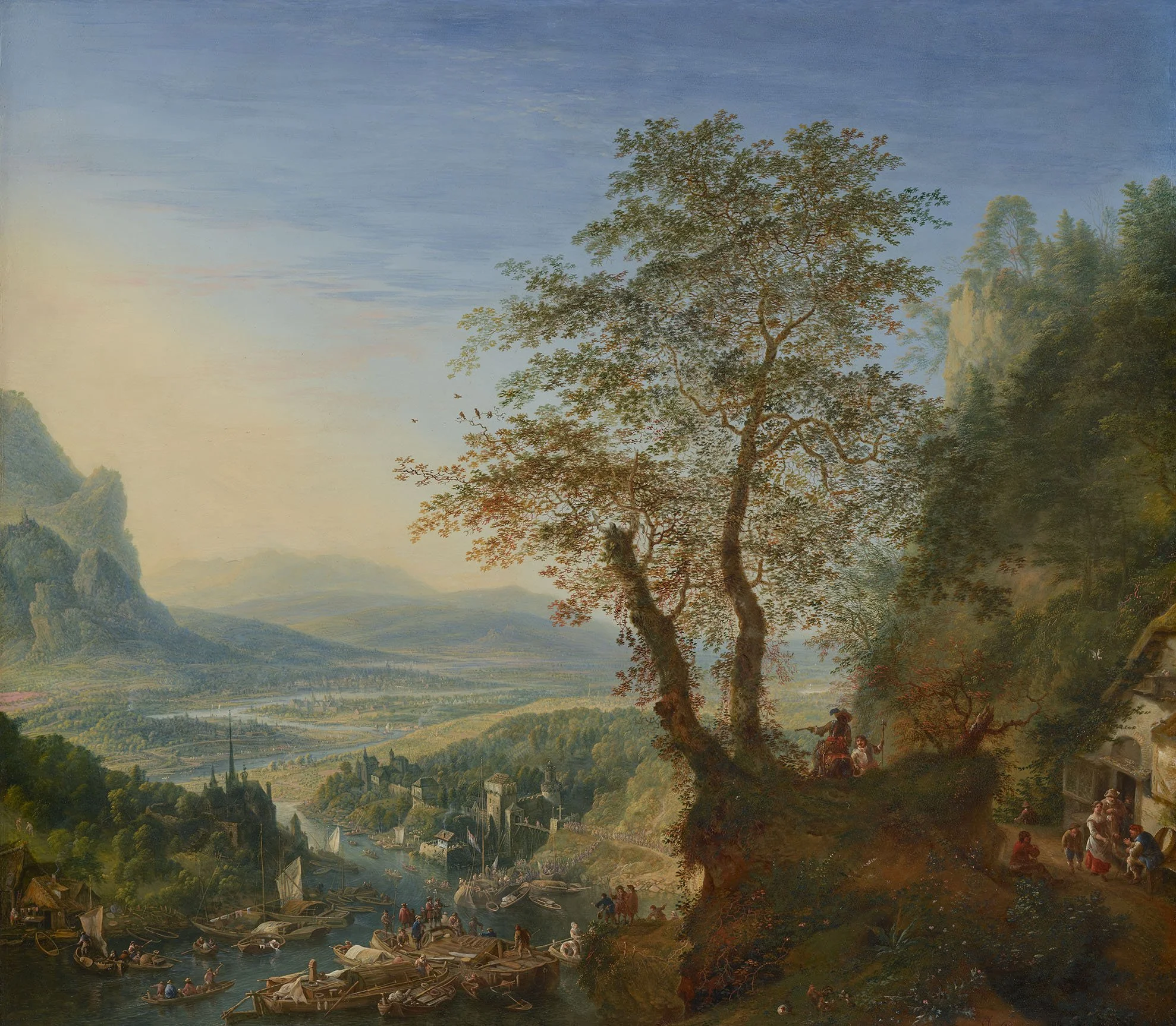 A detailed landscape painting showing a river filled with small boats and people, lush green trees, rolling hills, and a distant town, with a large tree in the foreground on the right side and a mountain on the left side under a blue sky with wispy clouds.