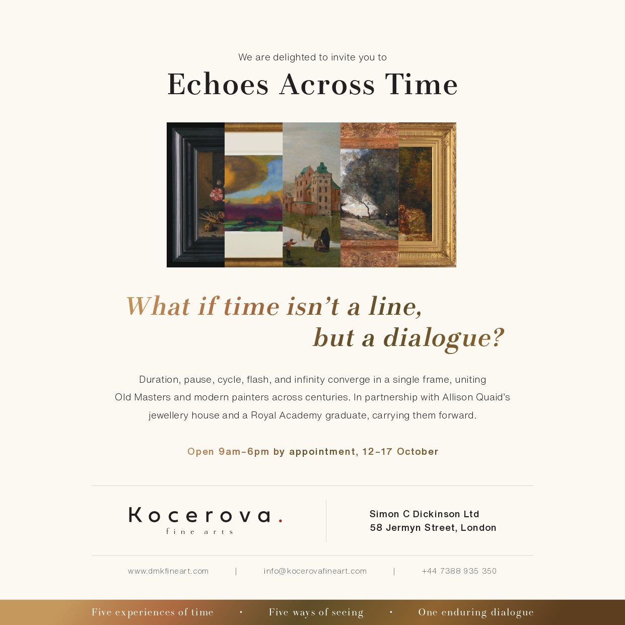 Invitation poster for 'Echoes Across Time' art exhibition featuring paintings from different eras. Includes event details and gallery contact information.